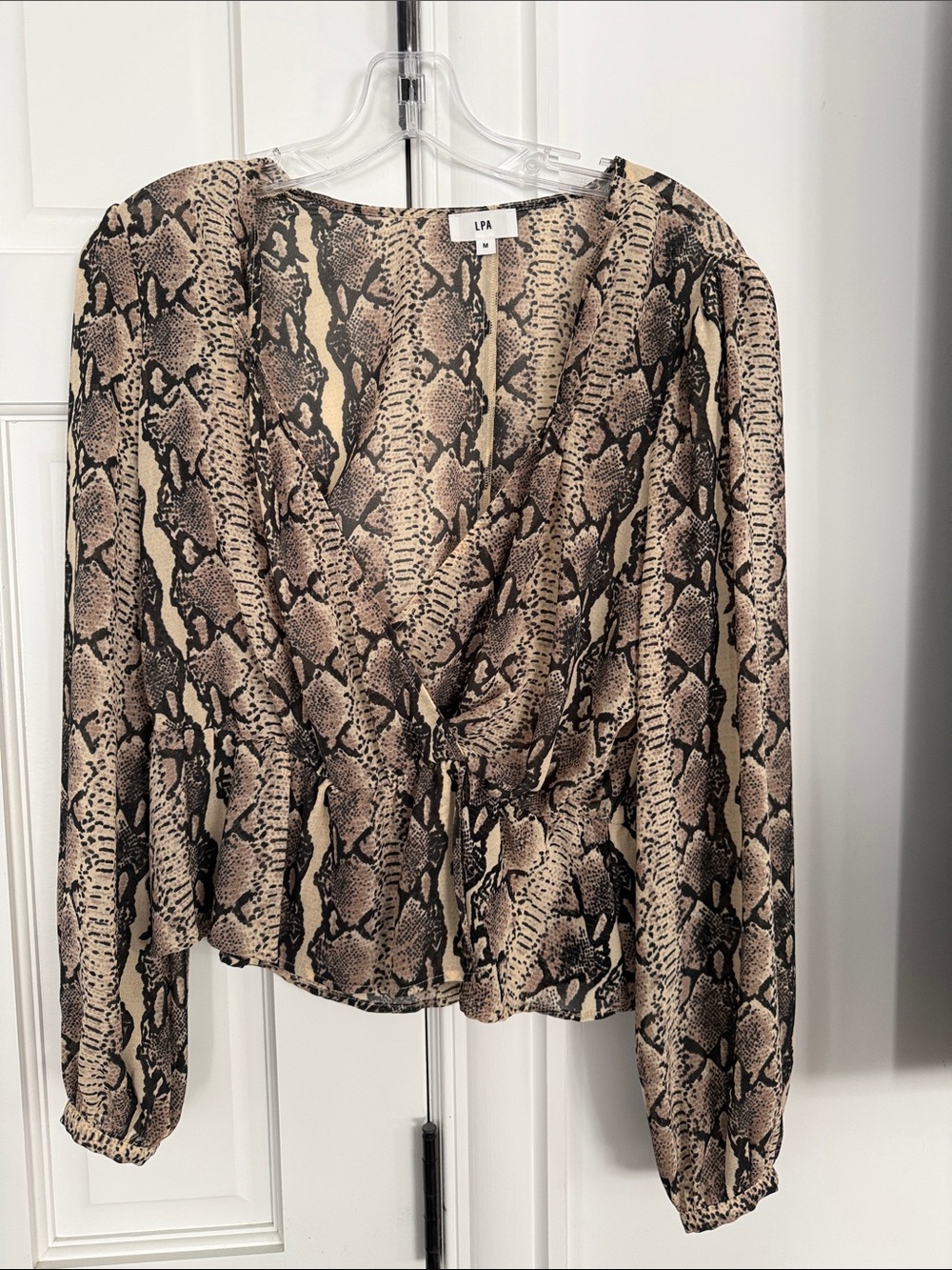 LPA Snake-Print Wrap Blouse in Taupe and Black